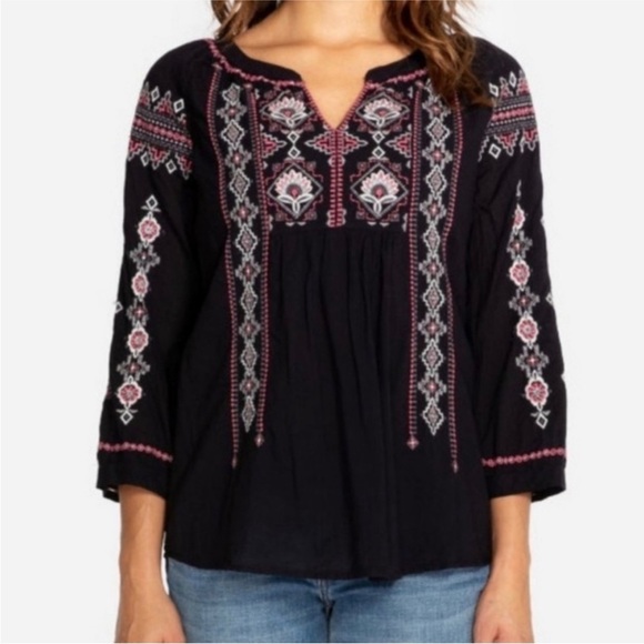 Johnny Was Tatum Embroidered Peasant Blouse Top Black Boho - Picture 4 of 12